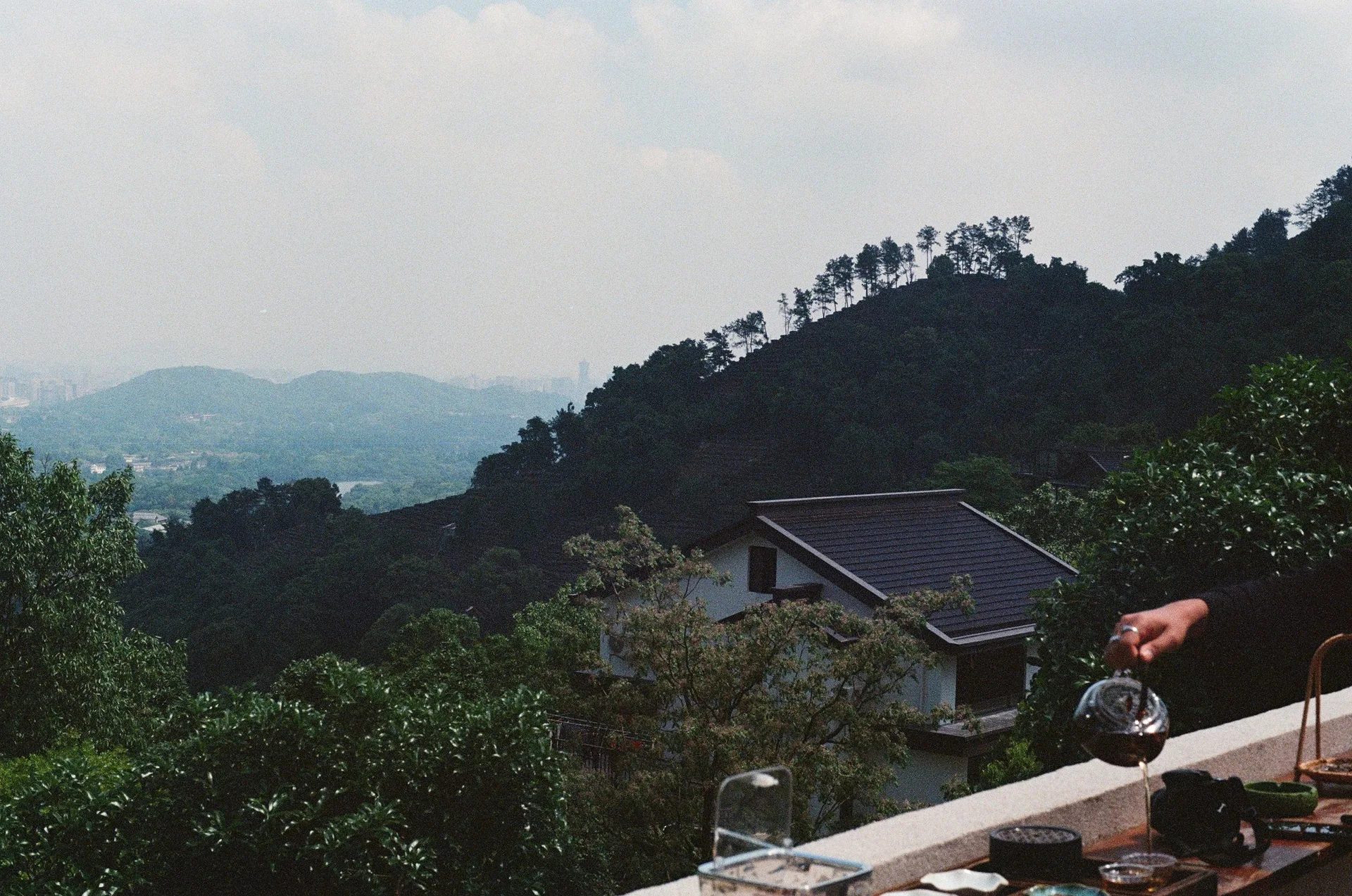 A hand pouring tea overlooking wooded hills in China