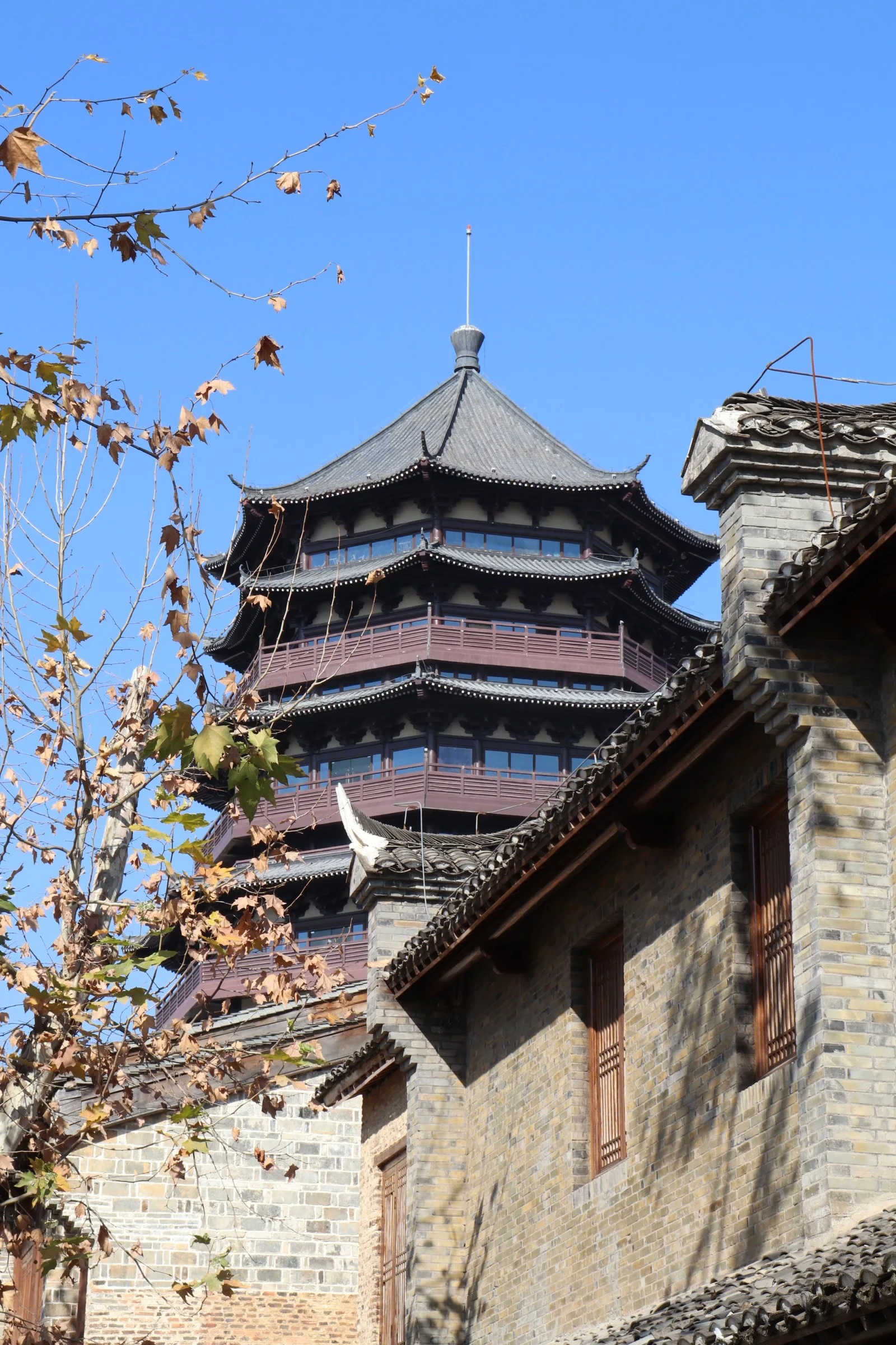 Traditional tower and tiled rooftops in Jingdezhen