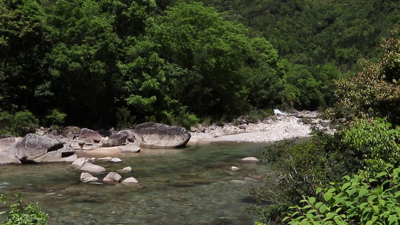 A rocky stream surrounded by forest in Wusandi